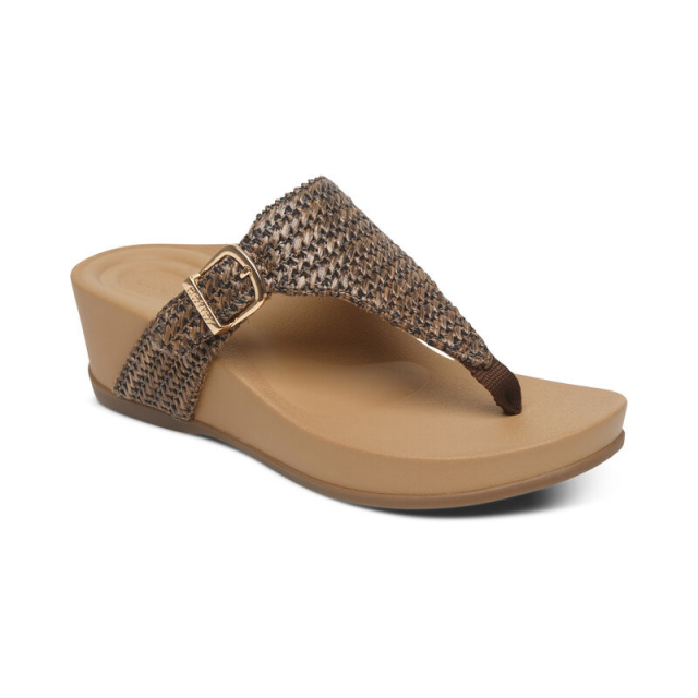 Aetrex - Women's Kate Wedge Thong Sandal - Brown Woven
